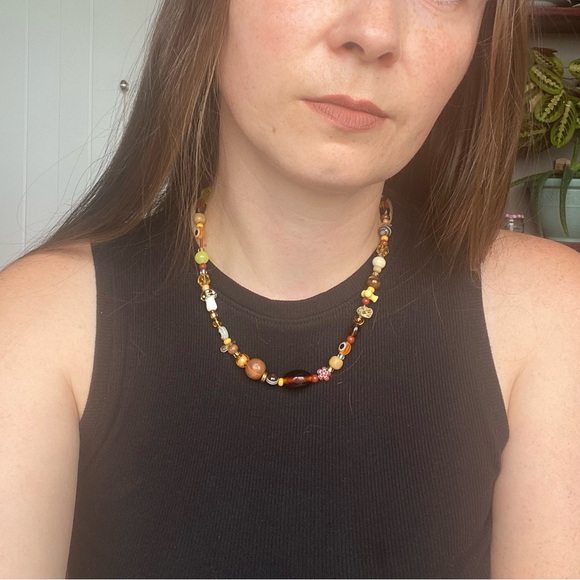 Be Like Honey Mixed Bead Necklace Amber Brown Evil Eye Glass Beads Orange Flower - Picture 10 of 11